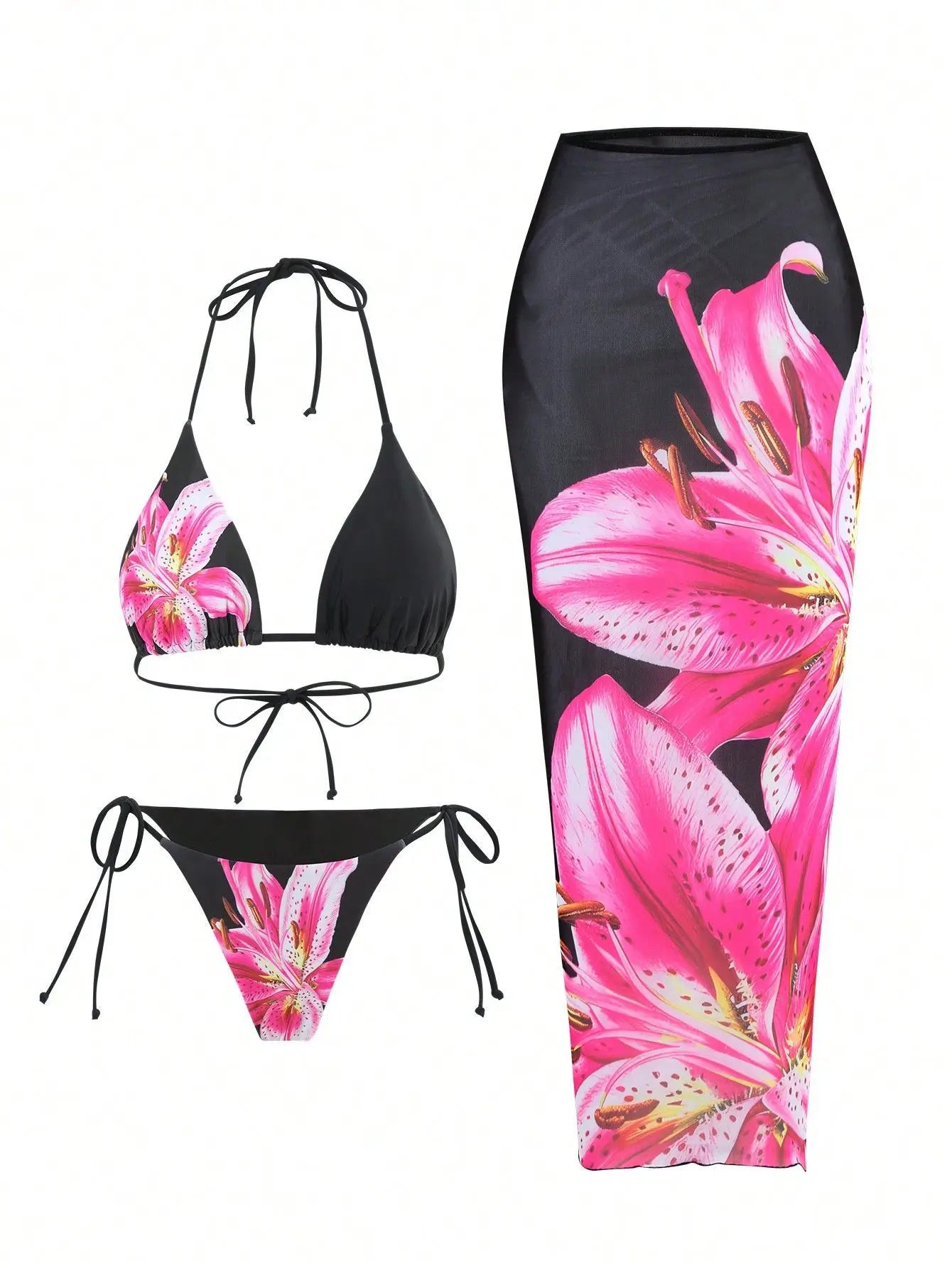 Bikini 3-częściowe z kwiatowym wzorem