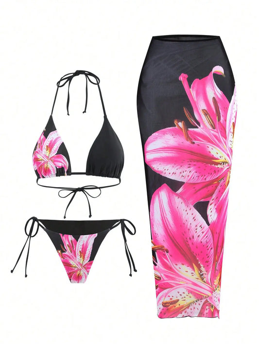 Bikini 3-częściowe z kwiatowym wzorem